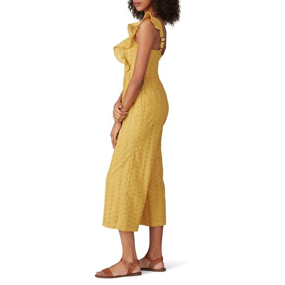 MinkPink My Friend Yellow Eyelet Wide Leg Flutter Sleeve Crop Jumpsuit Size L - Picture 3 of 14